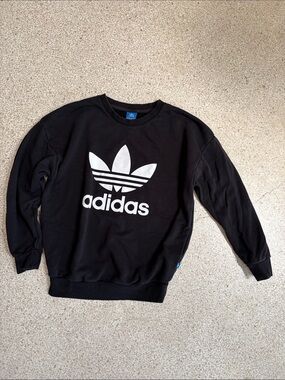 Adidas Black Crewneck Sweatshirt with White Trefoil. Size Small